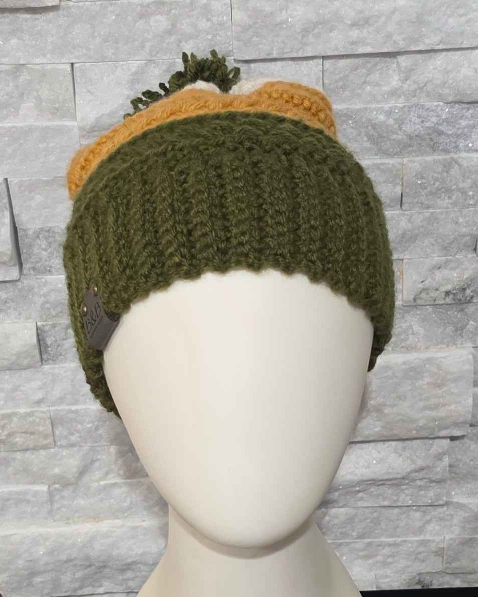 Warm Winter Crochet Color Block Hat - Braided Texture - Faux Fur Pom