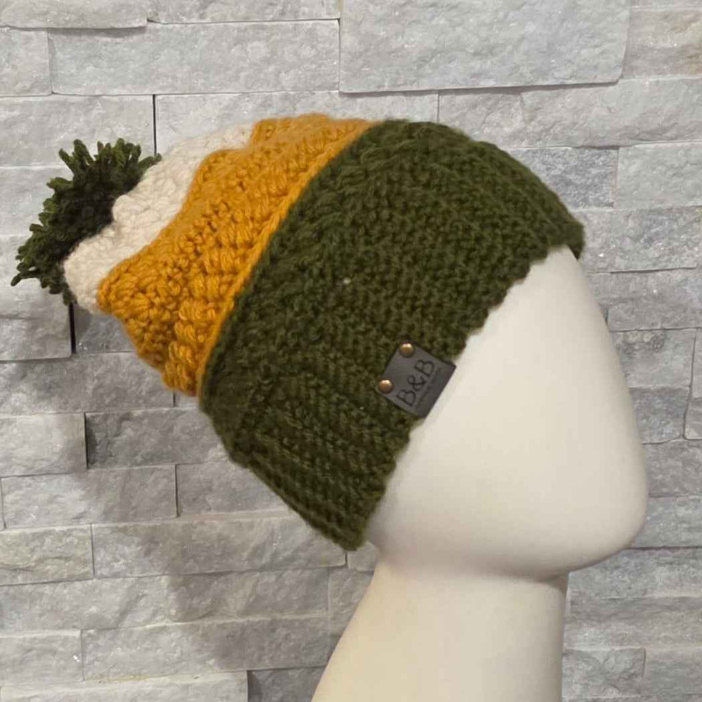 Warm Winter Crochet Color Block Hat - Braided Texture - Faux Fur Pom