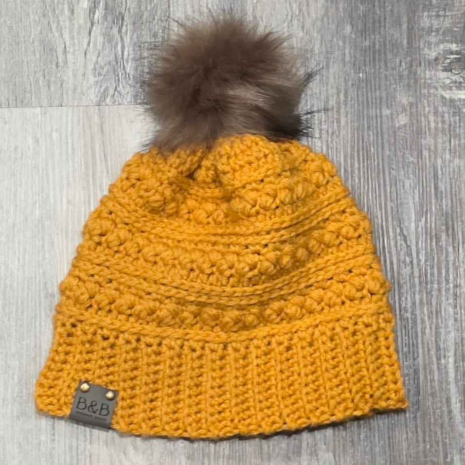 Warm Winter Crochet Color Block Hat - Braided Texture - Faux Fur Pom