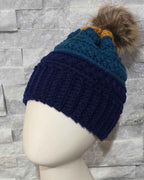 Warm Winter Crochet Color Block Hat - Braided Texture - Faux Fur Pom
