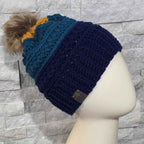 Warm Winter Crochet Color Block Hat - Braided Texture - Faux Fur Pom