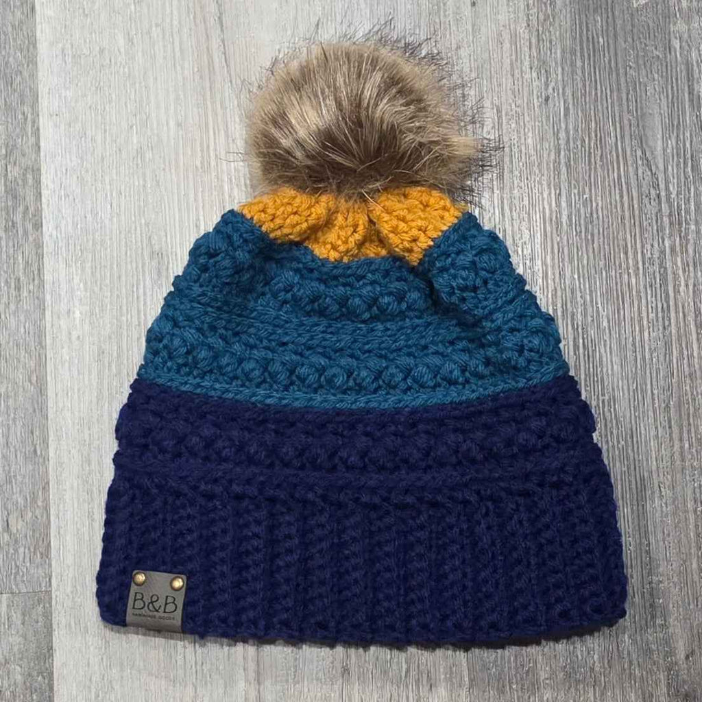 Warm Winter Crochet Color Block Hat - Braided Texture - Faux Fur Pom
