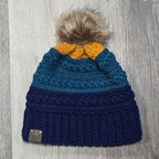 Warm Winter Crochet Color Block Hat - Braided Texture - Faux Fur Pom