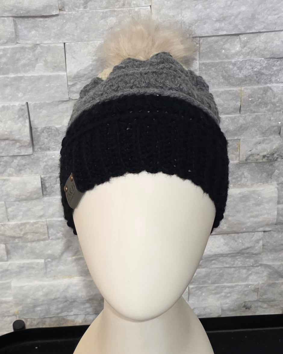 Warm Winter Crochet Color Block Hat - Braided Texture - Faux Fur Pom