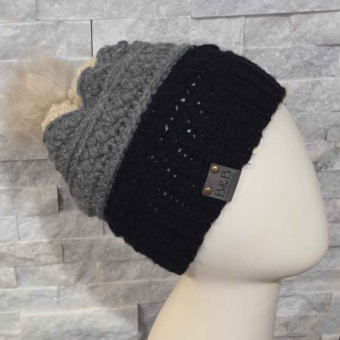 Warm Winter Crochet Color Block Hat - Braided Texture - Faux Fur Pom
