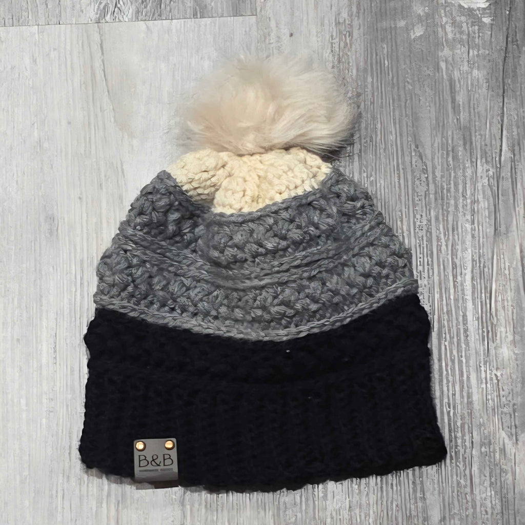 Warm Winter Crochet Color Block Hat - Braided Texture - Faux Fur Pom
