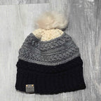Warm Winter Crochet Color Block Hat - Braided Texture - Faux Fur Pom