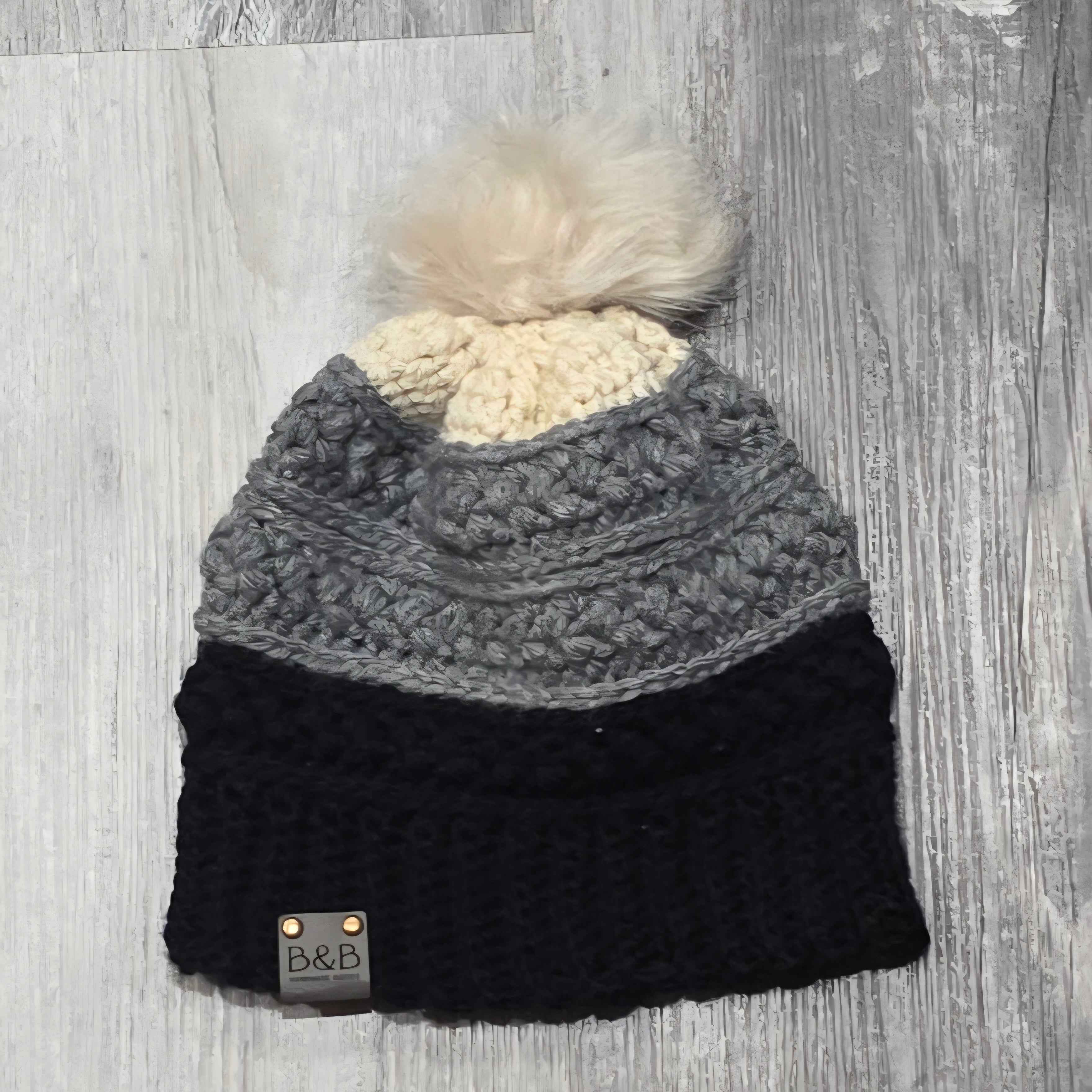 Warm Winter Crochet Color Block Hat - Braided Texture - Faux Fur Pom