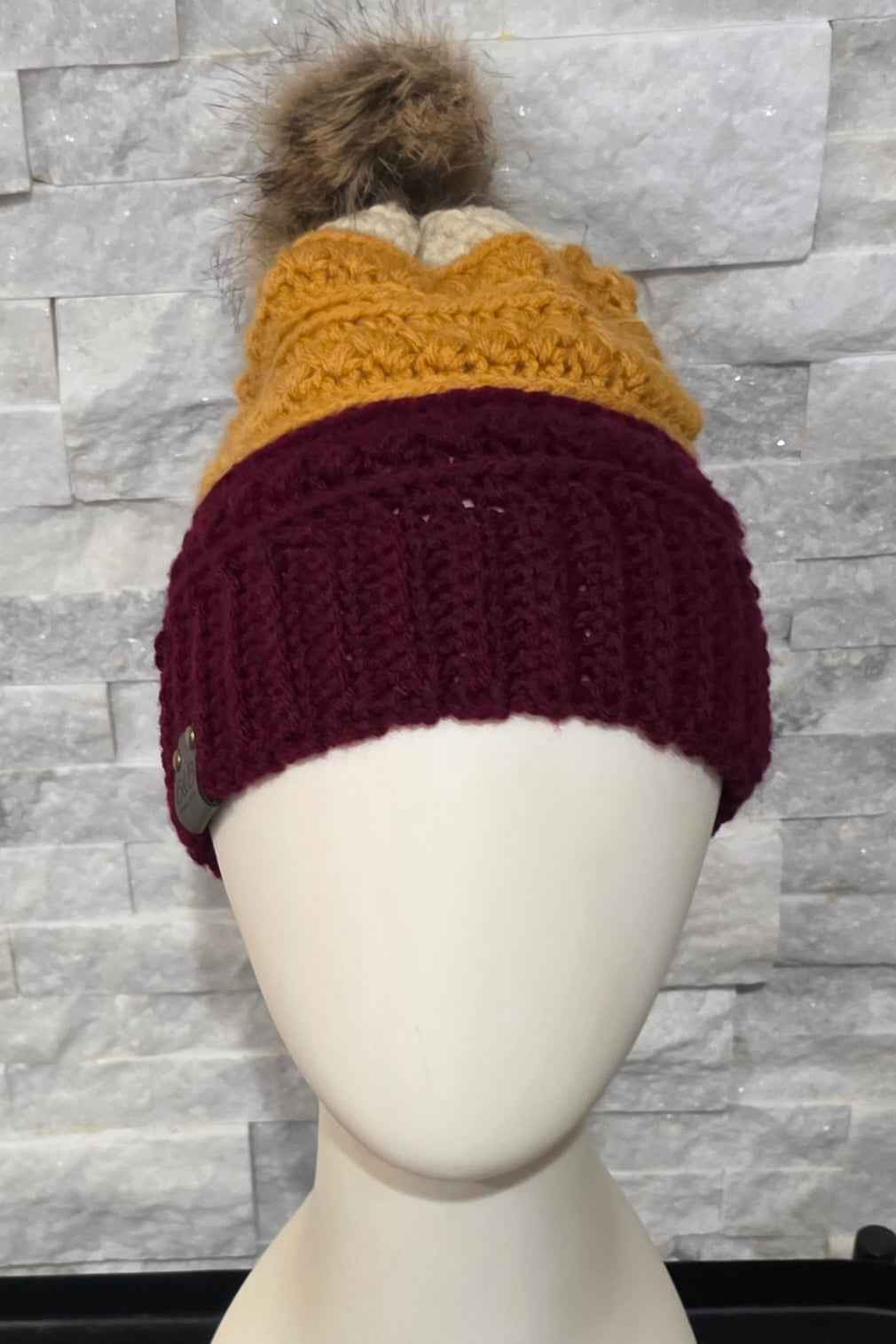 Warm Winter Crochet Color Block Hat - Braided Texture - Faux Fur Pom