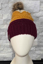 Warm Winter Crochet Color Block Hat - Braided Texture - Faux Fur Pom