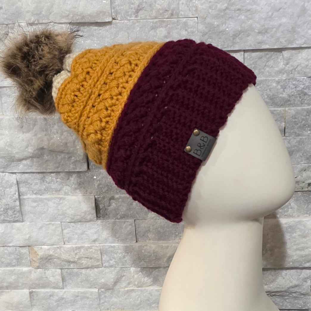 Warm Winter Crochet Color Block Hat - Braided Texture - Faux Fur Pom