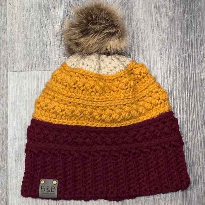Warm Winter Crochet Color Block Hat - Braided Texture - Faux Fur Pom