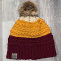 Warm Winter Crochet Color Block Hat - Braided Texture - Faux Fur Pom