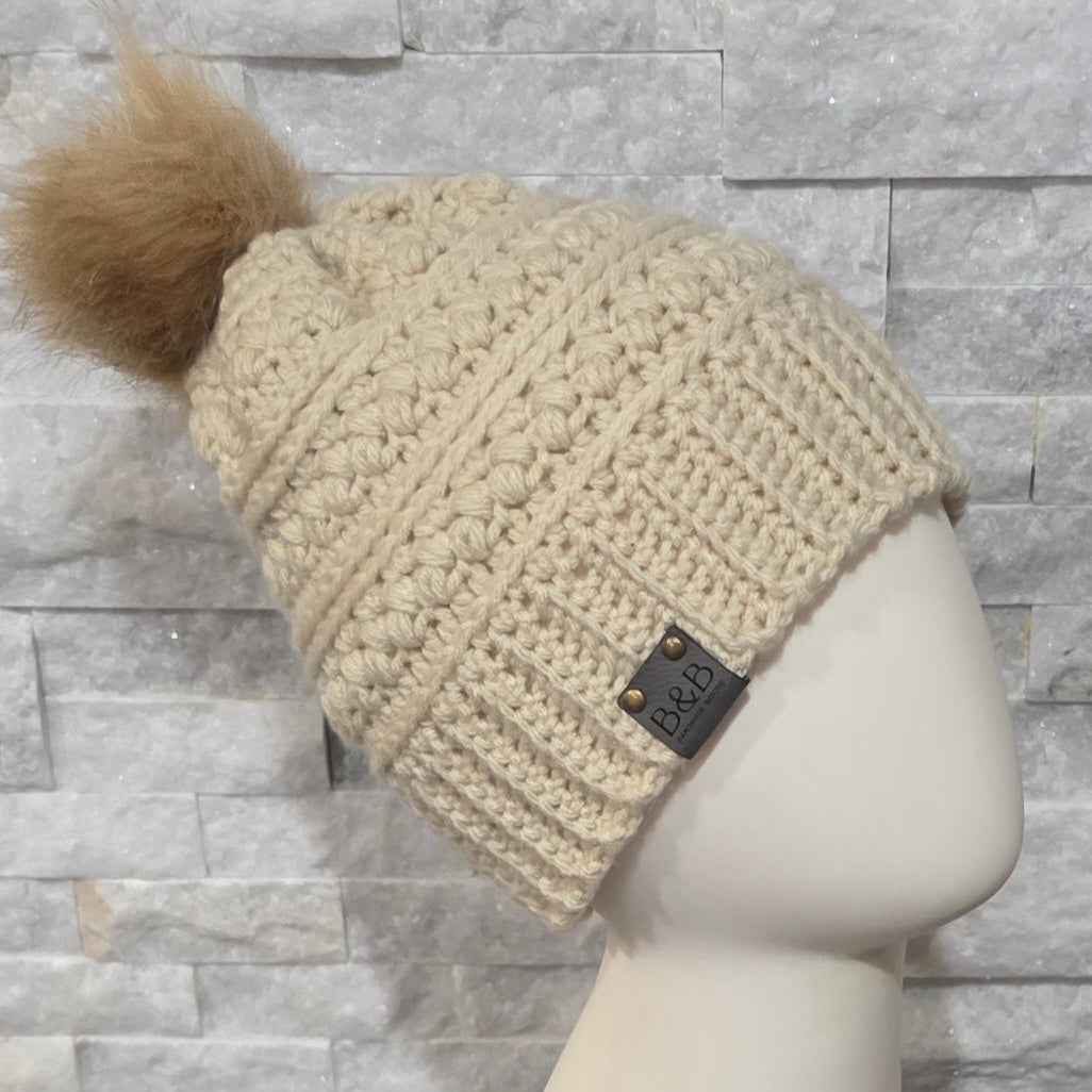 Warm Winter Crochet Color Block Hat - Braided Texture - Faux Fur Pom