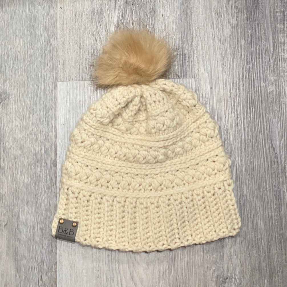 Warm Winter Crochet Color Block Hat - Braided Texture - Faux Fur Pom