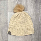 Warm Winter Crochet Color Block Hat - Braided Texture - Faux Fur Pom
