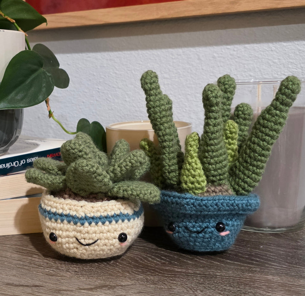 Two crocheted succulent plants with smiling faces on a wooden surface.
