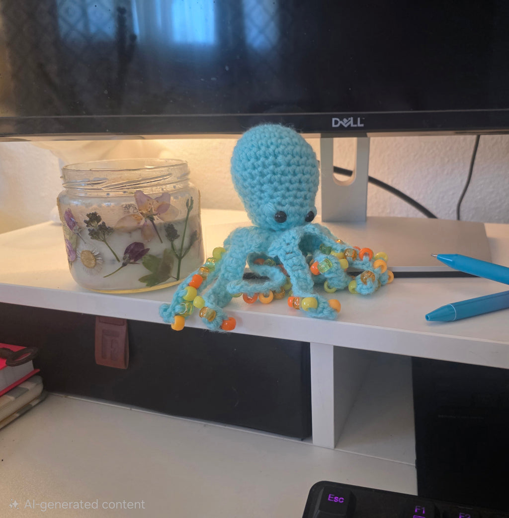 Crocheted blue octopus with beads on a desk next to a Dell monitor