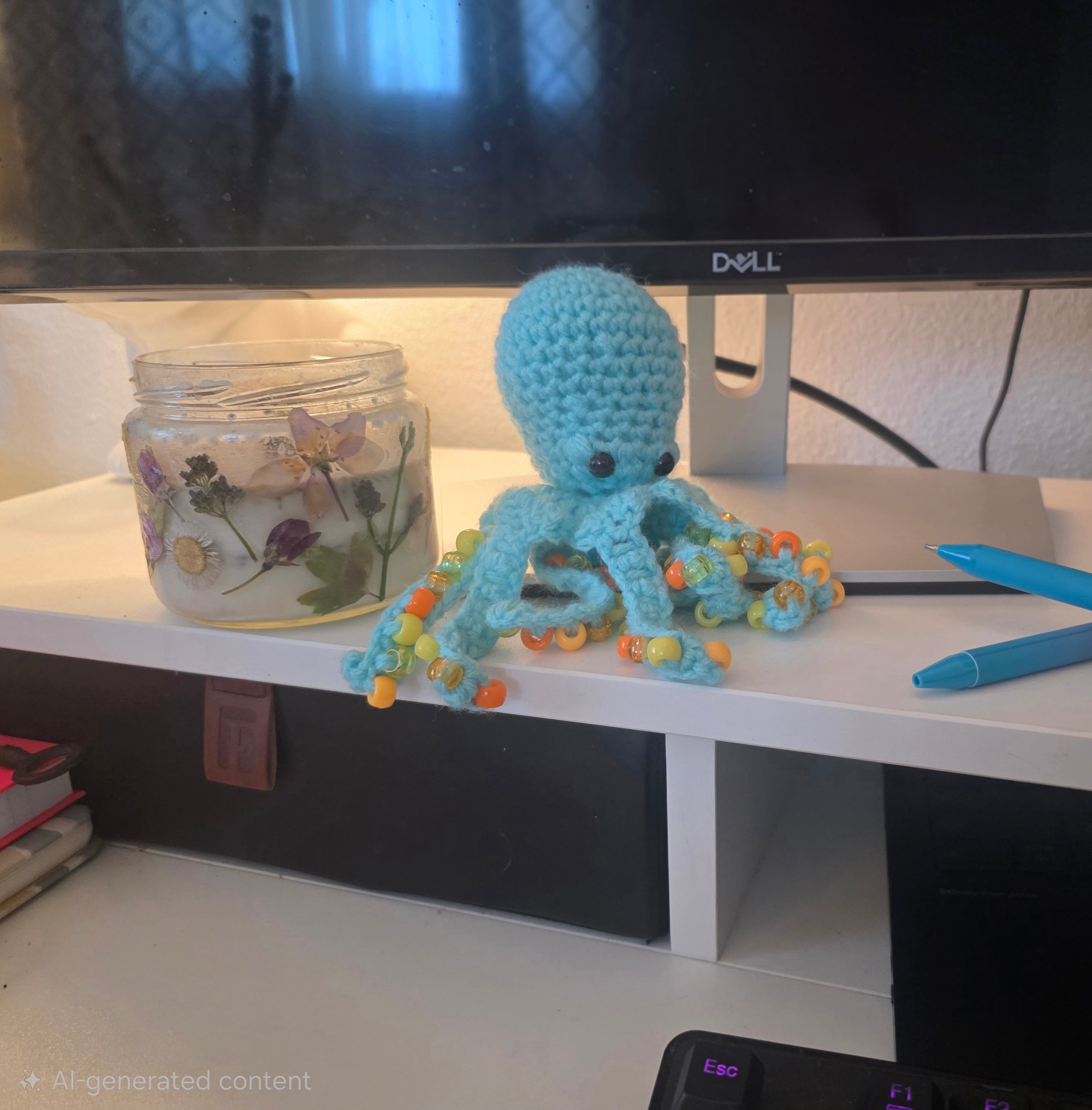 Crocheted blue octopus with beads on a desk next to a Dell monitor