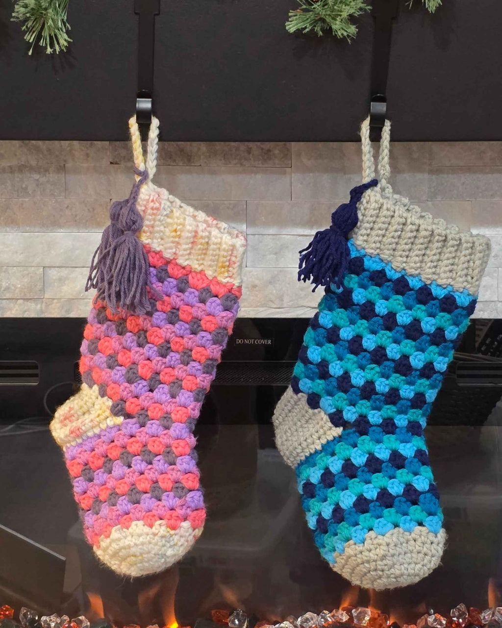 Crochet Granny Square Christmas Stockings - Holiday Fireplace & Mantle Decor