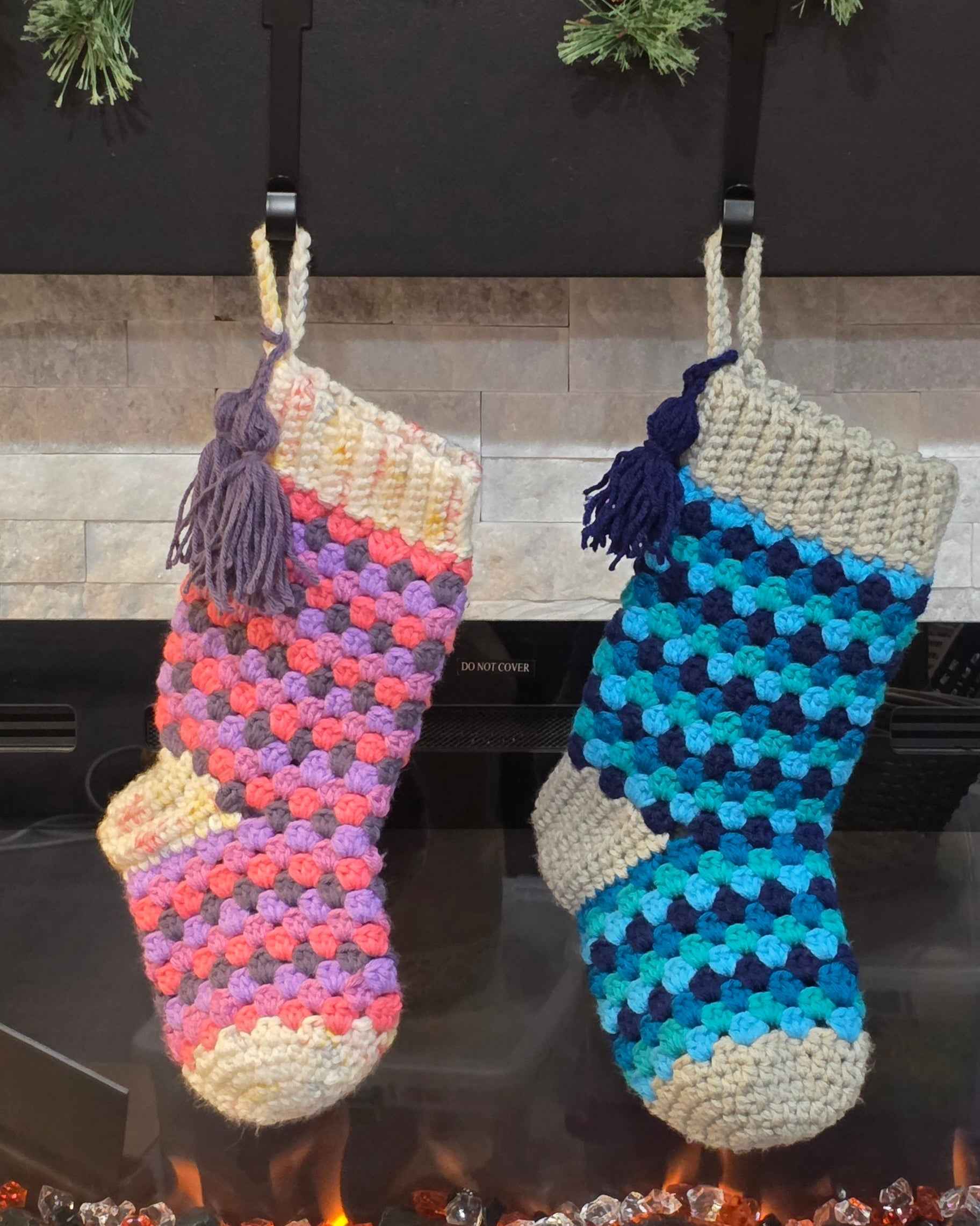 Crochet Granny Square Christmas Stockings - Holiday Fireplace & Mantle Decor